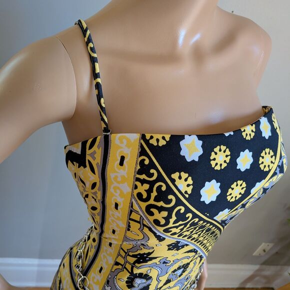 Vintage Y2K Cache Yellow Mixed Print Maxi Dress Chain Belt Strapless Size Large - Picture 9 of 13